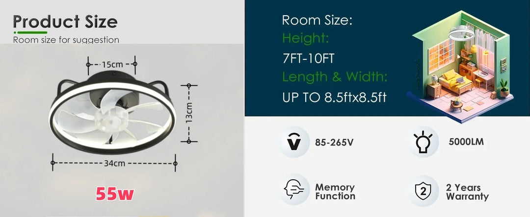 Modern LED Ceiling Fan Light with DC Motor - 6 Speed, Timer, Low Floor Attic Fan, Remote Control Decorative Light | Stornfield