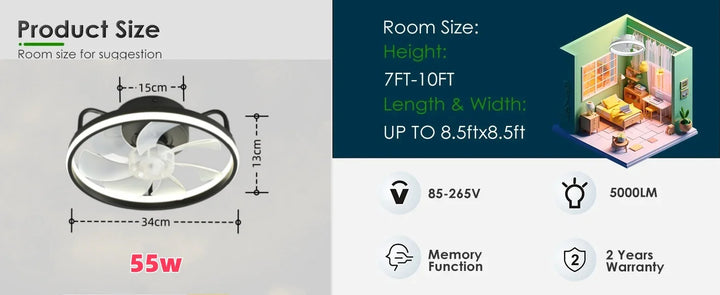 Modern LED Ceiling Fan Light with DC Motor - 6 Speed, Timer, Low Floor Attic Fan, Remote Control Decorative Light | Stornfield