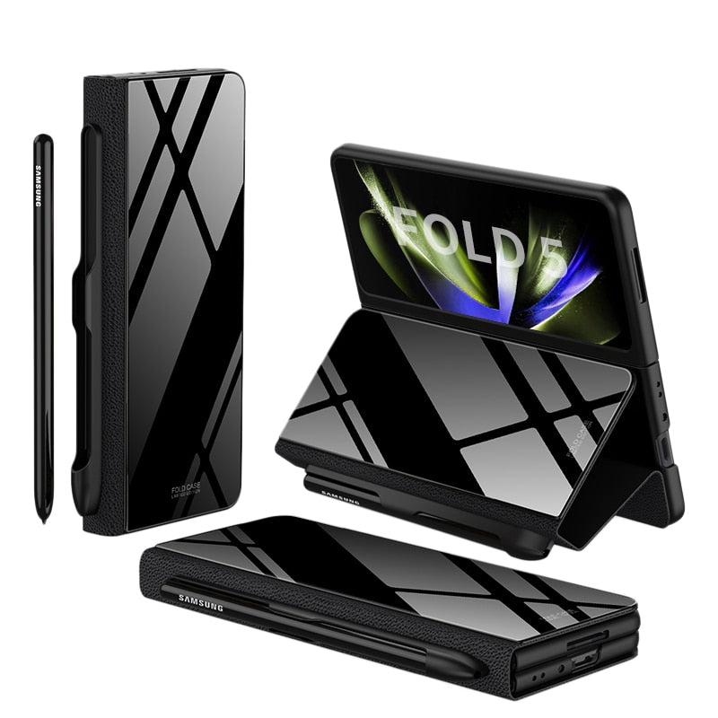 Stornfield | Glass Case with Shockproof Armor, Stand, Leather Pouch for Samsung Galaxy Z Fold 5/4