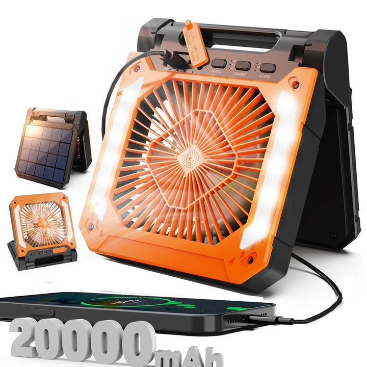 20000mAh Portable Electric Fan with LED Light — USB, Solar & Car Charging for Camping | Stornfield