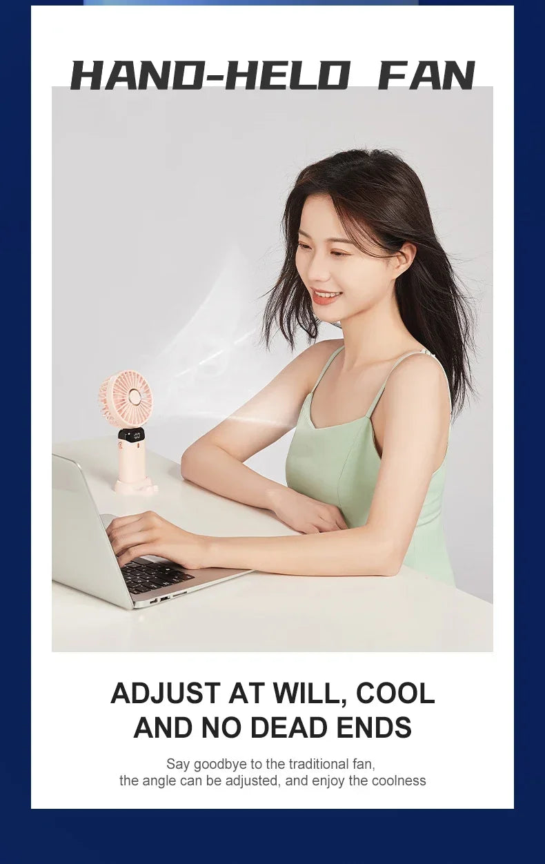 5000mAh Handheld Mini Fan – Wireless USB Rechargeable Portable Fan with Digital Display, Phone Holder, 5-Speed Foldable Neck Hanging Fan | Stornfield