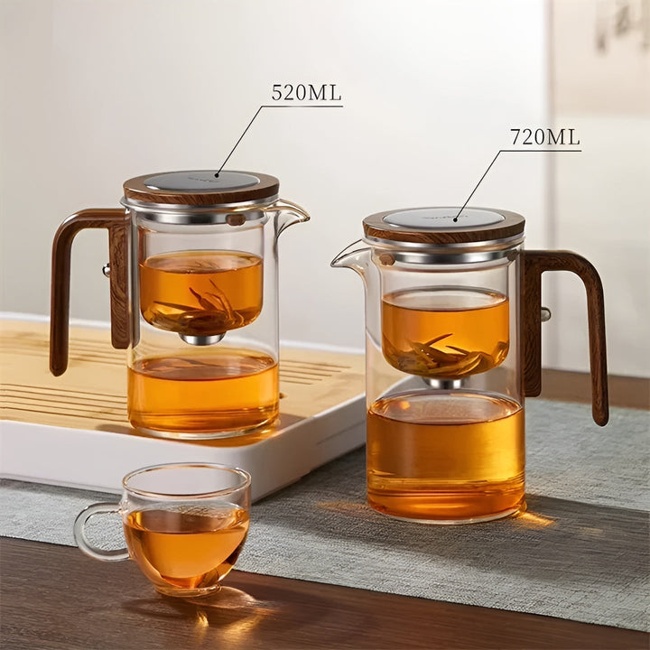 Glass teapot with wooden handle – One-click filter | Perfect for loose tea & Puer | Stornfield