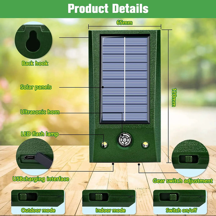 Stornfield | SolarGuardix Ultrasonic Bird Repeller Solar | With LED & Motion Sensor | Waterproof IP58 | 600 m² Coverage