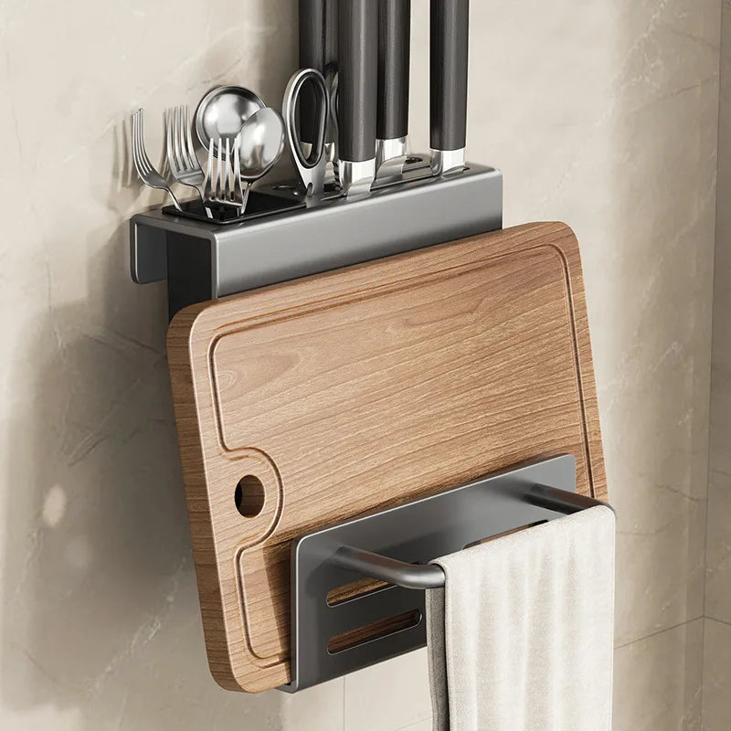 ChefSpace Wall-mounted Knife Holder with Cutting Board Storage – Stainless Steel Stornfield