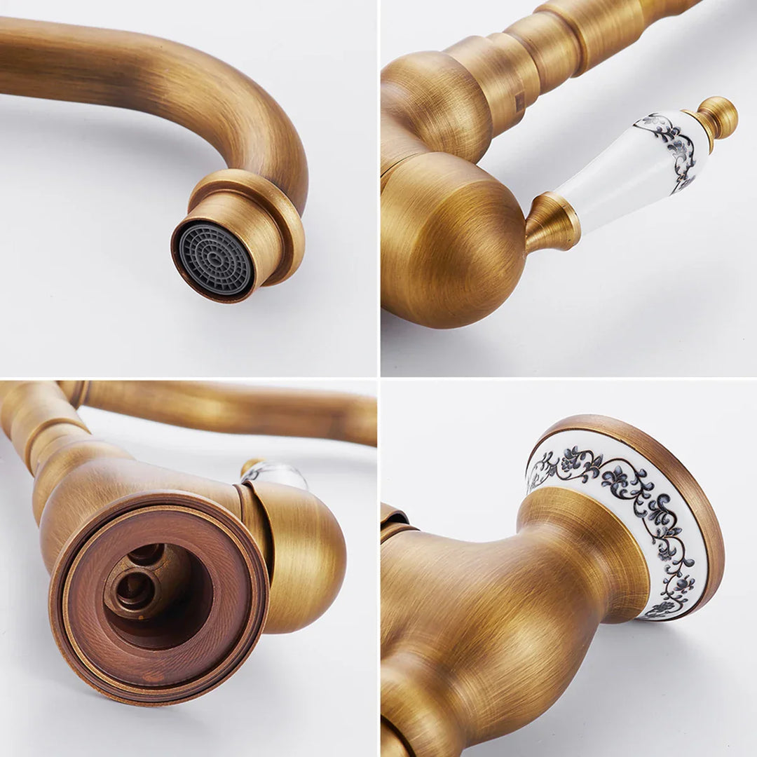 Kitchen Faucet in Antique Brass with Ceramic Handle - 360° Swivel | Stornfield Traditional Design