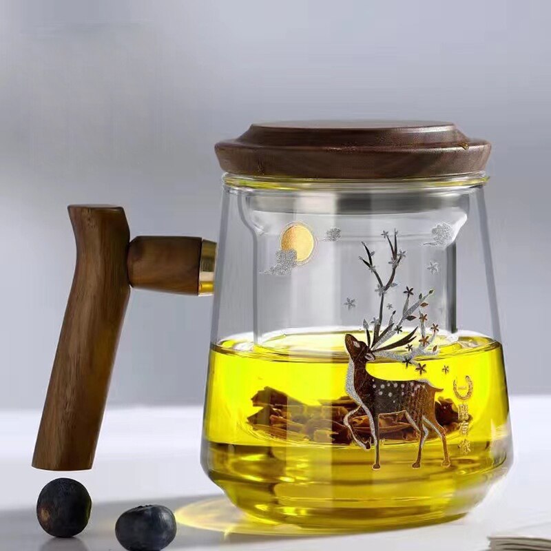 Premium Glass Tea Cup with Filter and Wooden Handle, 470ml | Stornfield