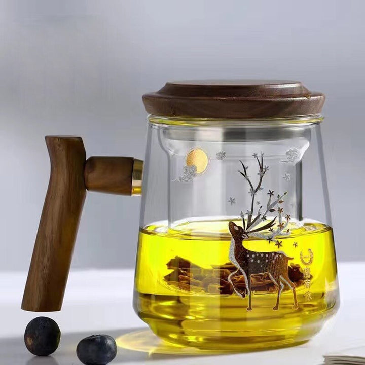 Premium Glass Tea Cup with Filter and Wooden Handle, 470ml | Stornfield