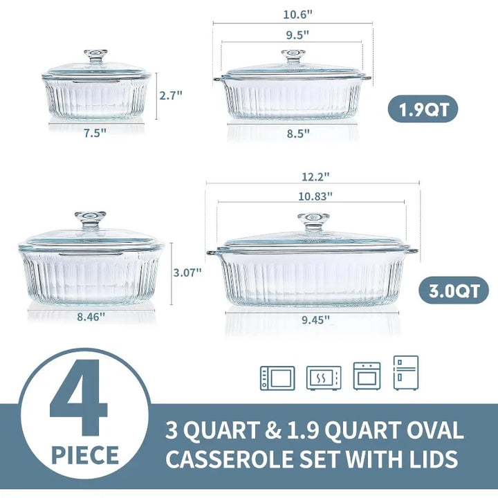 Stornfield | 4-Piece Glass Bakeware Set with 2 Glass Baking Dishes with Glass Lids, 1.9 Qt and 3 Qt