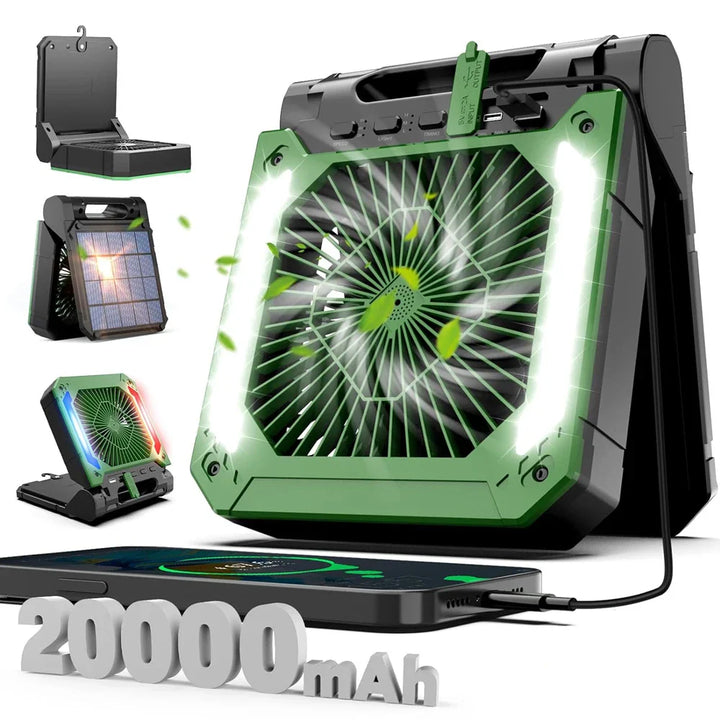 20000mAh Portable Electric Fan with LED Light — USB, Solar & Car Charging for Camping | Stornfield