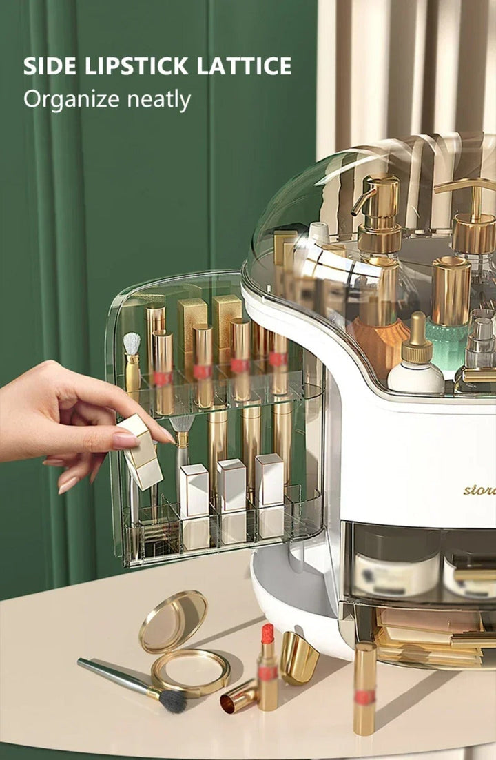 Luxury Transparent Makeup Organizer with Rotating Doors and Drawers | Stornfield