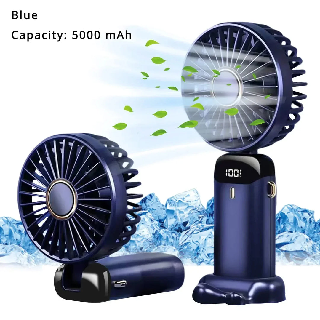 5000mAh Handheld Mini Fan – Wireless USB Rechargeable Portable Fan with Digital Display, Phone Holder, 5-Speed Foldable Neck Hanging Fan | Stornfield