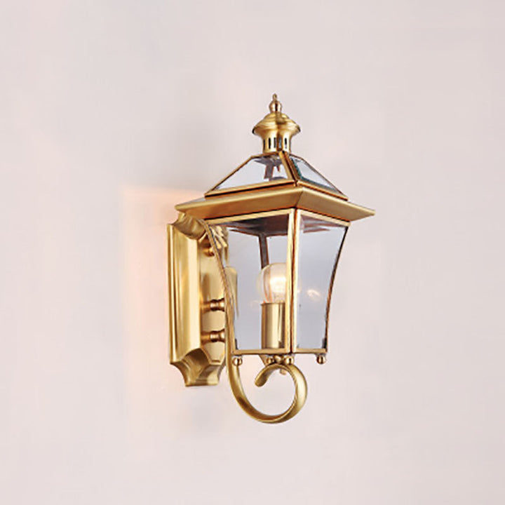 European Modern Luxury Quadrilateral Brass Glass Waterproof 1-Light Outdoor Wall Sconce Lamp | Stornfield