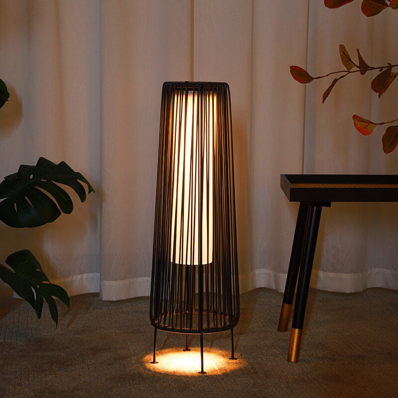 Modern Minimalist Solar Waterproof Round Vertical Pull Strip Iron Rattan LED Standing Floor Lamp For Outdoor Patio | Stornfield