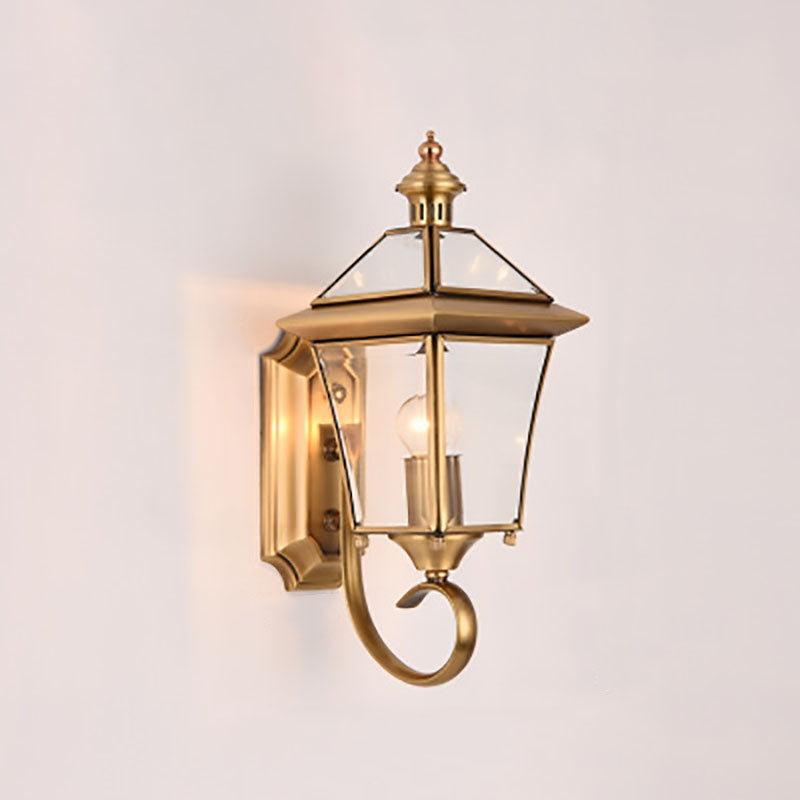 European Modern Luxury Quadrilateral Brass Glass Waterproof 1-Light Outdoor Wall Sconce Lamp | Stornfield
