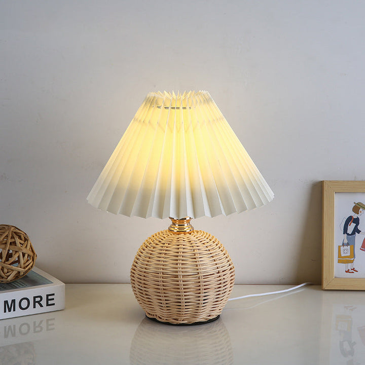 Stornfield | RattaLume Nordic LED Table Lamp | Woven Rattan and Foldable Fabric Lampshade | Ambient Light | Bedroom Decor