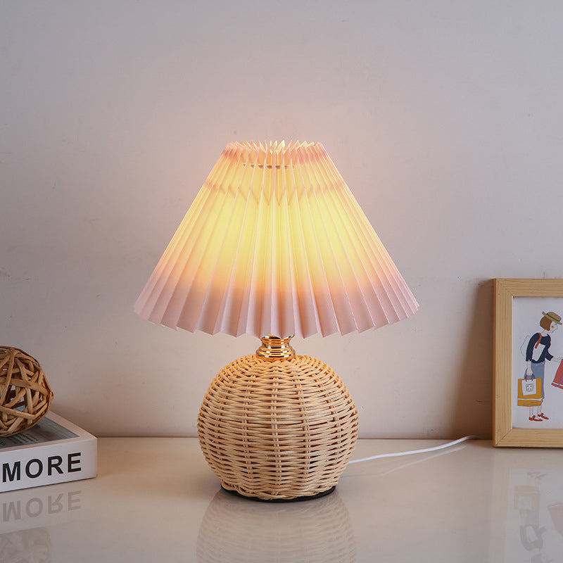 Stornfield | RattaLume Nordic LED Table Lamp | Woven Rattan and Foldable Fabric Lampshade | Ambient Light | Bedroom Decor