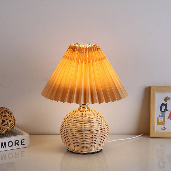 Stornfield | RattaLume Nordic LED Table Lamp | Woven Rattan and Foldable Fabric Lampshade | Ambient Light | Bedroom Decor