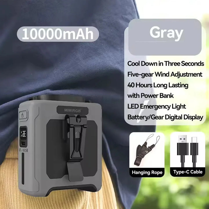 10000mAh Waist Clip Fan with Power Bank – Portable Hands-Free Rechargeable Fan | 5-Speed Cooling, Battery Display, USB Charging, Outdoor Wearable Fan | Stornfield