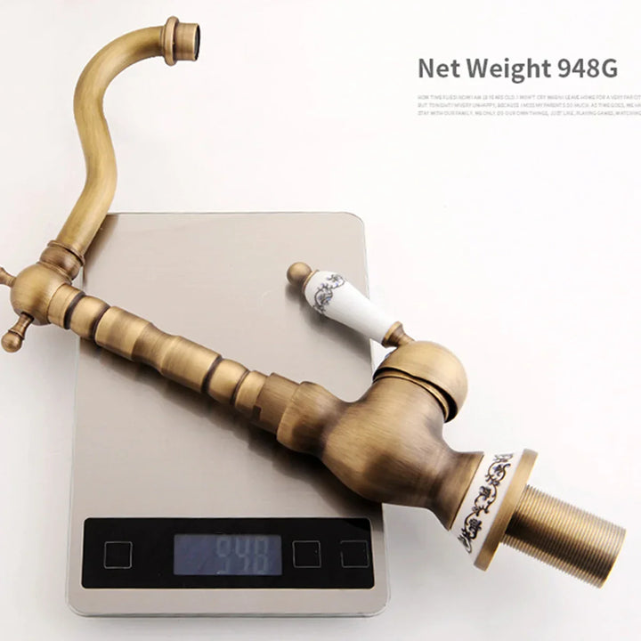 Kitchen Faucet in Antique Brass with Ceramic Handle - 360° Swivel | Stornfield Traditional Design