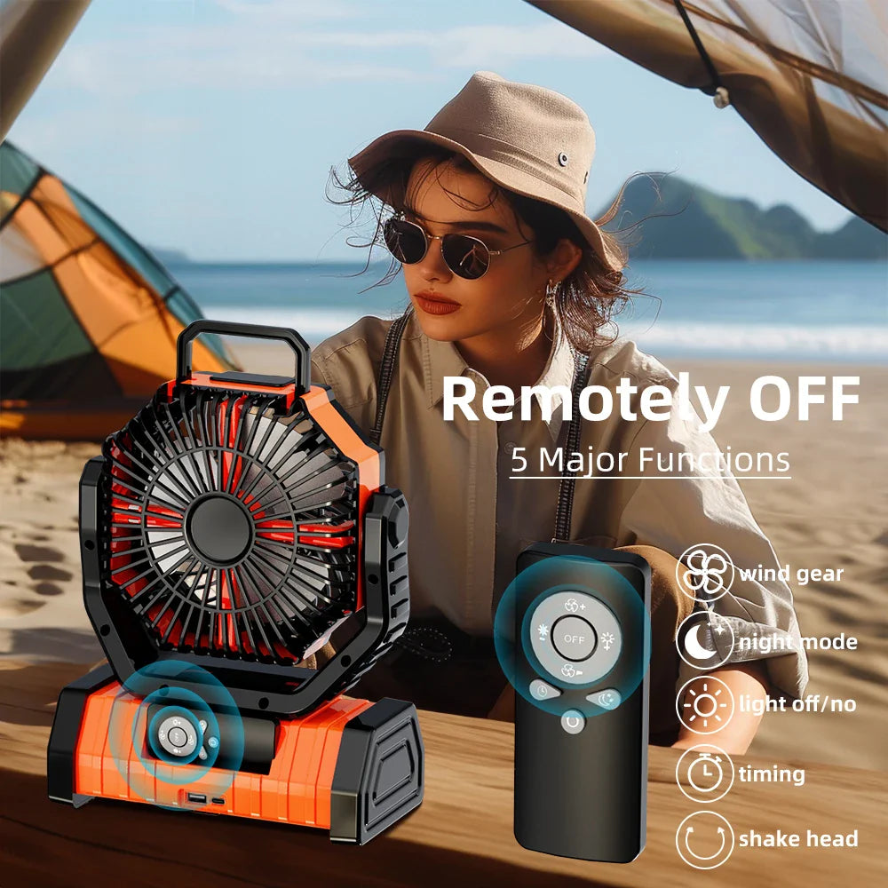 20000mAh Portable Rechargeable Fan — Battery-Operated Desk & Camping Fan with LED Light & Hook for Tent, Car, and Outdoor Trips | Stornfield
