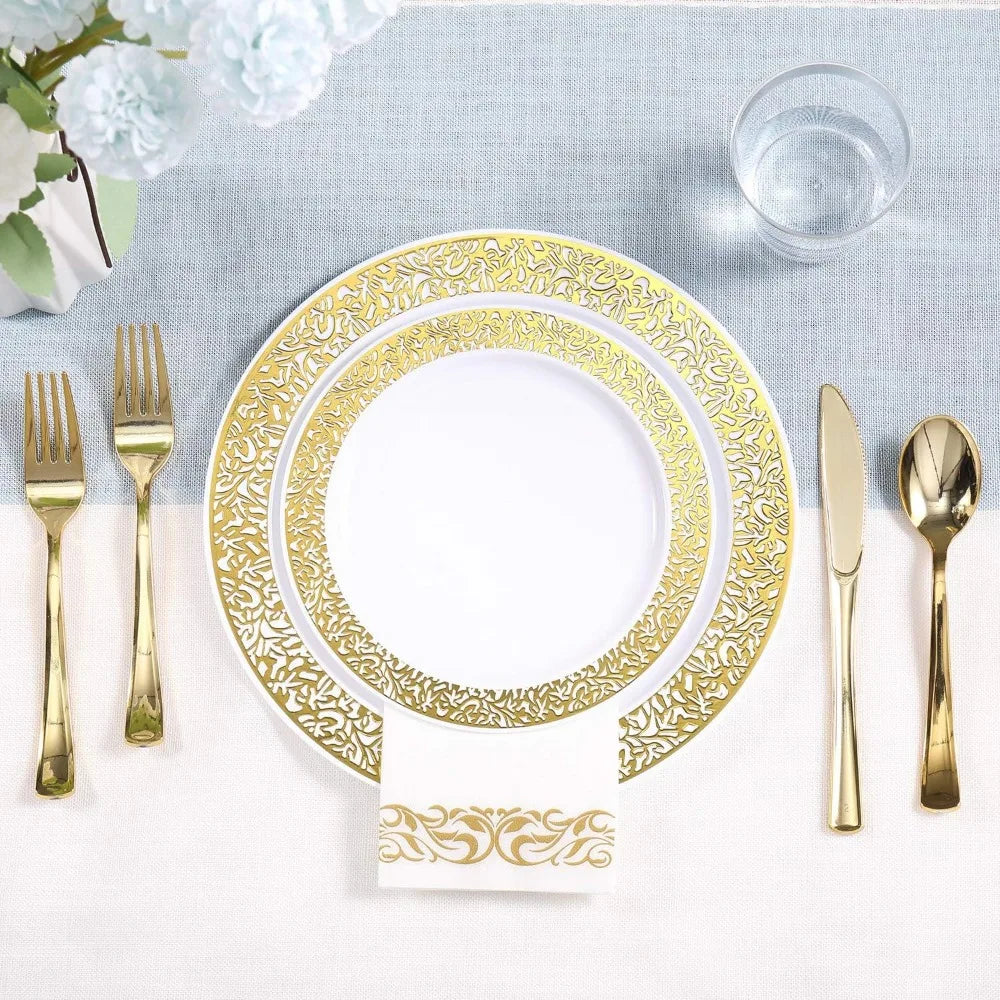 Stornfield | 350pcs Ensemble de vaisselle jetable en dentelle dorée pour 50 invités