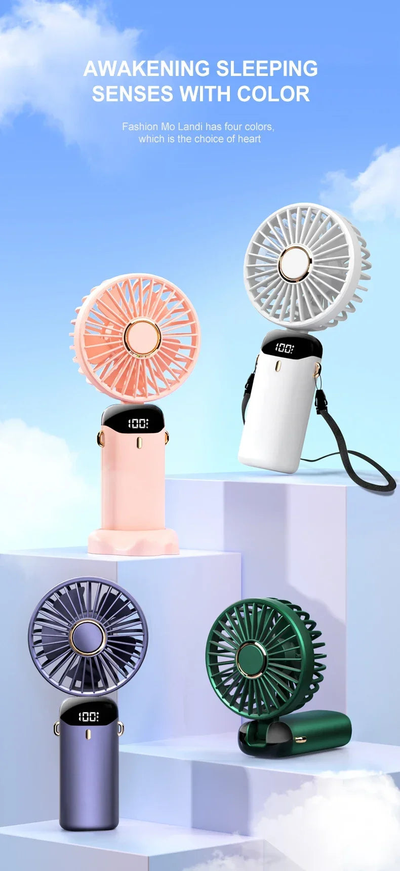 5000mAh Handheld Mini Fan – Wireless USB Rechargeable Portable Fan with Digital Display, Phone Holder, 5-Speed Foldable Neck Hanging Fan | Stornfield