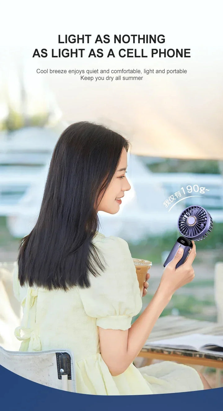 5000mAh Handheld Mini Fan – Wireless USB Rechargeable Portable Fan with Digital Display, Phone Holder, 5-Speed Foldable Neck Hanging Fan | Stornfield