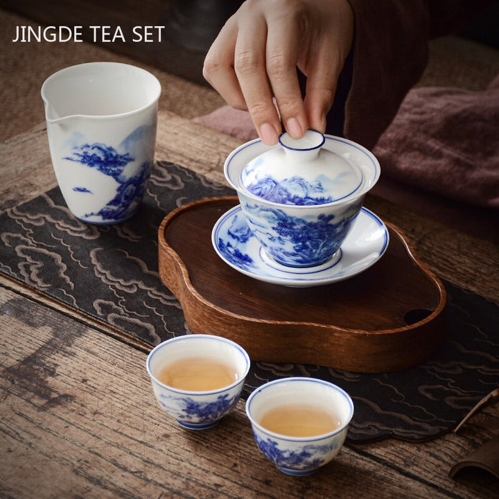 Stornfield | PorceVive Gaiwan Tasse à thé | Porcelaine artisanale avec motif paysage | Service à thé chinois avec couvercle