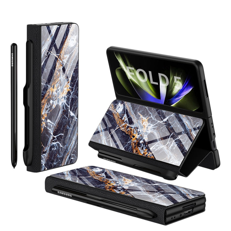 Stornfield | Glass Case with Shockproof Armor, Stand, Leather Pouch for Samsung Galaxy Z Fold 5/4