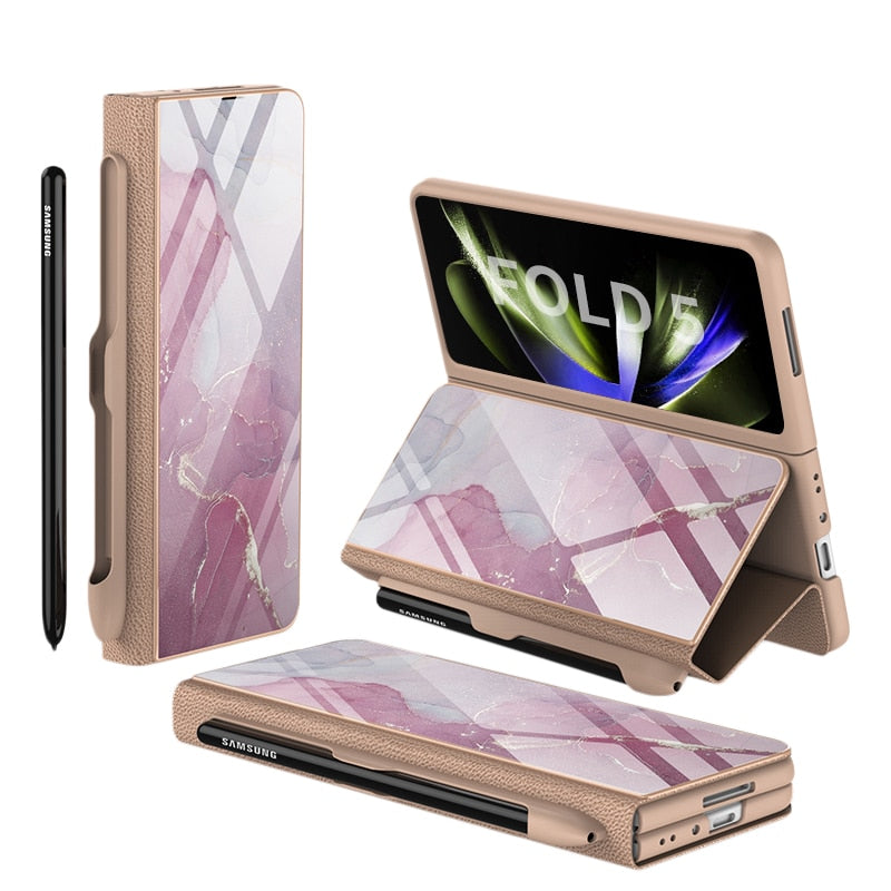 Stornfield | Glass Case with Shockproof Armor, Stand, Leather Pouch for Samsung Galaxy Z Fold 5/4