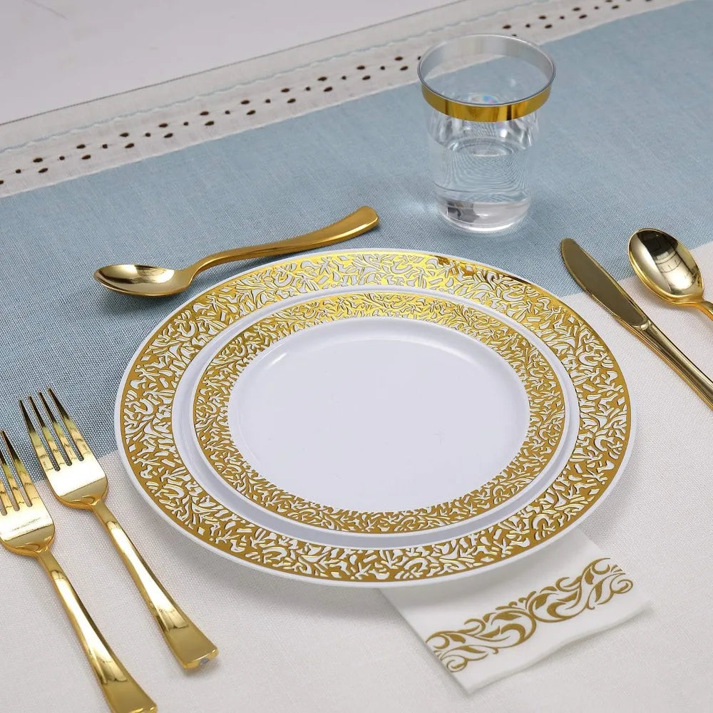 Stornfield | 350pcs Ensemble de vaisselle jetable en dentelle dorée pour 50 invités