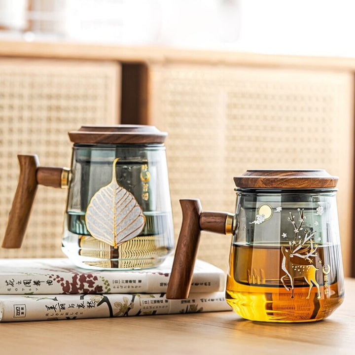 Premium Glass Tea Cup with Filter and Wooden Handle, 470ml | Stornfield