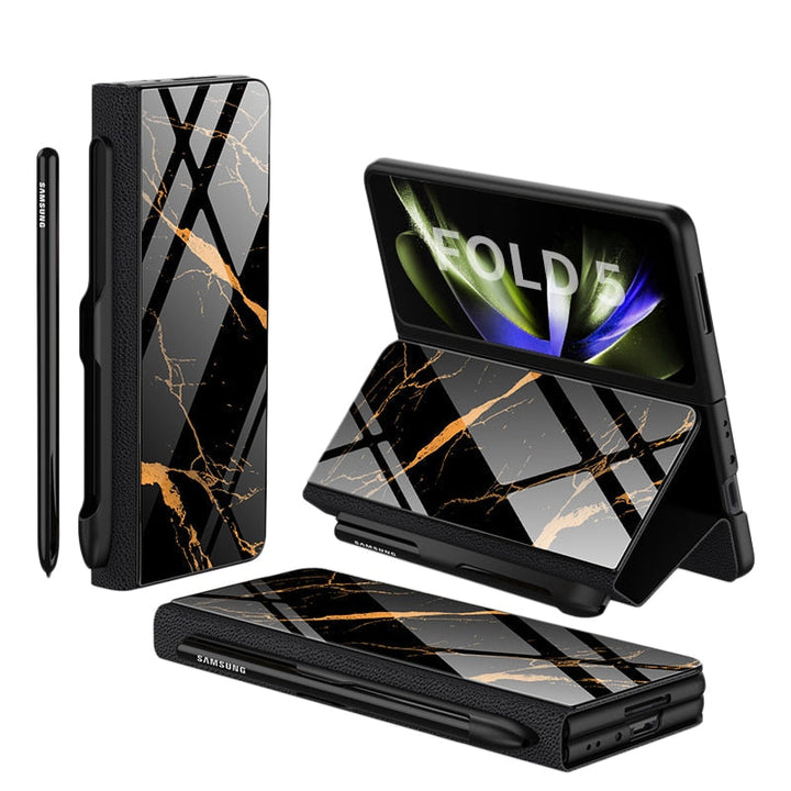 Stornfield | Glass Case with Shockproof Armor, Stand, Leather Pouch for Samsung Galaxy Z Fold 5/4