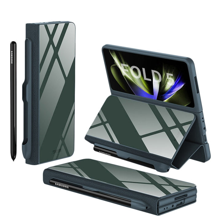 Stornfield | Glass Case with Shockproof Armor, Stand, Leather Pouch for Samsung Galaxy Z Fold 5/4