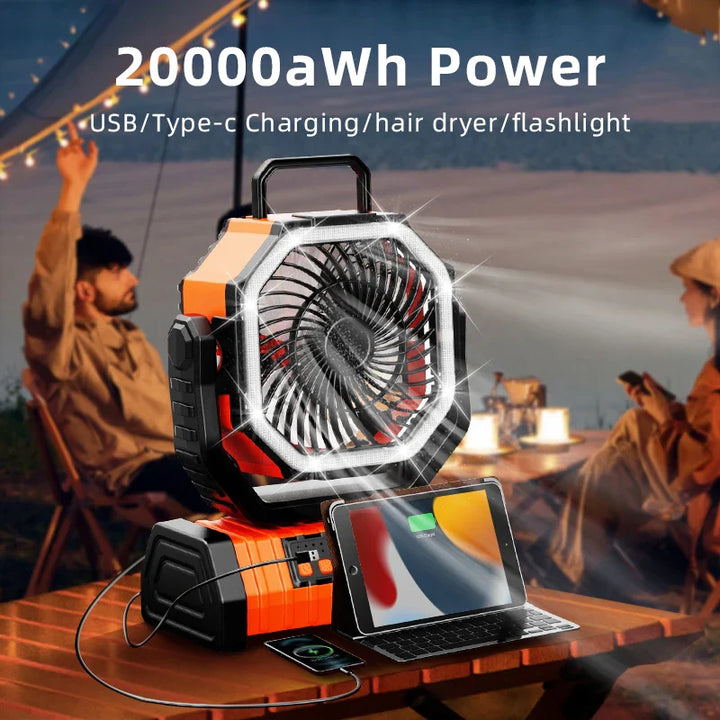 20000mAh Portable Rechargeable Fan — Battery-Operated Desk & Camping Fan with LED Light & Hook for Tent, Car, and Outdoor Trips | Stornfield