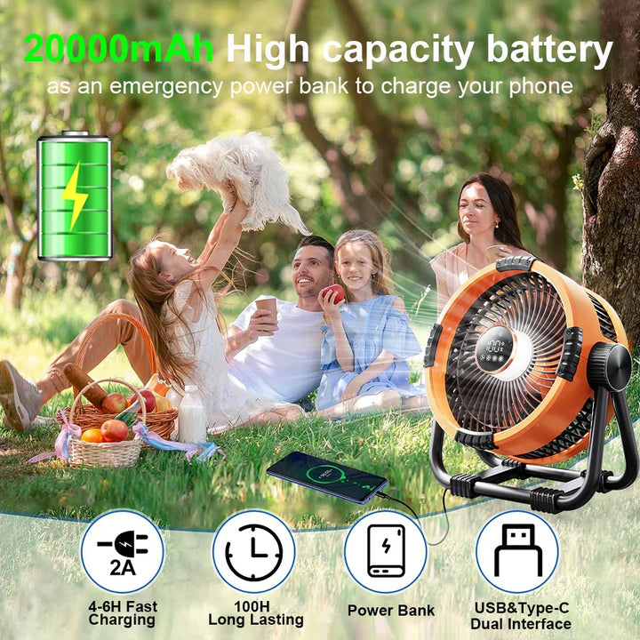 Camping Fan with 20,000mAh Battery, LED Light & Remote Control – WindMate | Stornfield