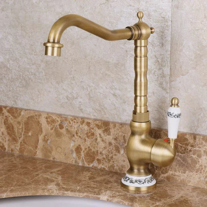 Kitchen Faucet in Antique Brass with Ceramic Handle - 360° Swivel | Stornfield Traditional Design