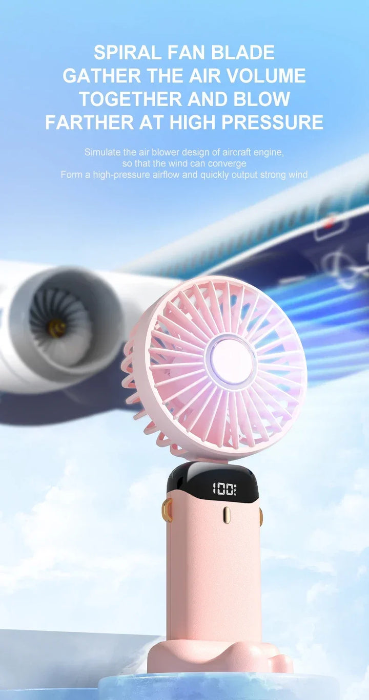 5000mAh Handheld Mini Fan – Wireless USB Rechargeable Portable Fan with Digital Display, Phone Holder, 5-Speed Foldable Neck Hanging Fan | Stornfield