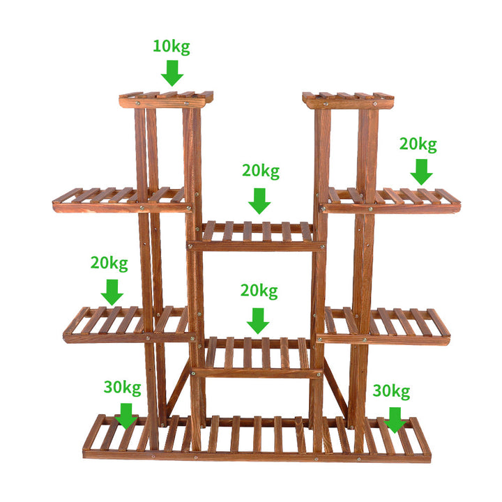 Large 11-tier Wooden Plant Shelf | Carbonized, Wide Flower Stand for Indoor & Outdoor | Stornfield