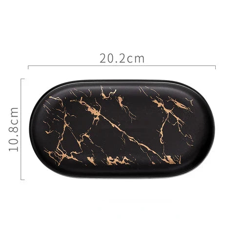 Stornfield | Nordic Marbled Ceramic Oval Tray for Jewelry, Accessory Storage, Soap Holder, Golden Wave, Bathroom Cup, Bath Decoration