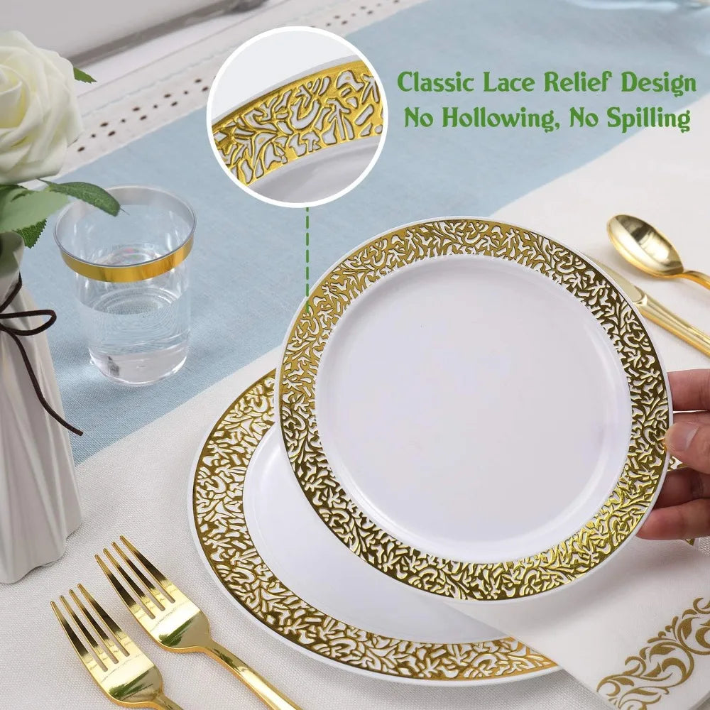 Stornfield | 350pcs Ensemble de vaisselle jetable en dentelle dorée pour 50 invités