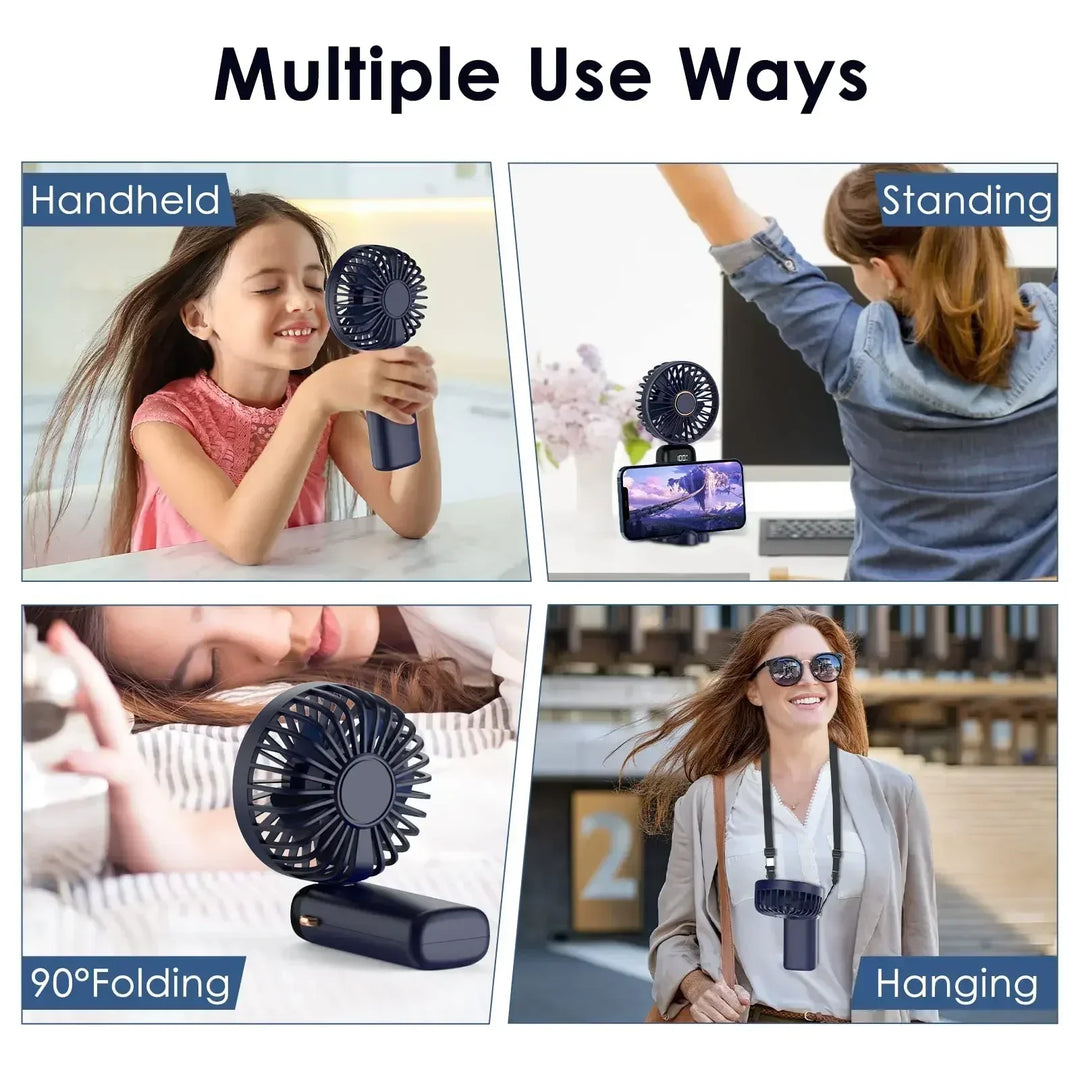5000mAh Handheld Mini Fan – Wireless USB Rechargeable Portable Fan with Digital Display, Phone Holder, 5-Speed Foldable Neck Hanging Fan | Stornfield