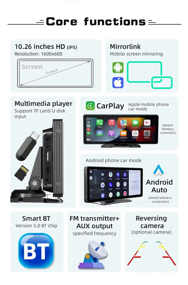 Stornfield | Universal 10.26-Inch (26.06cm) Car Multimedia Player with Wireless CarPlay and Android Auto