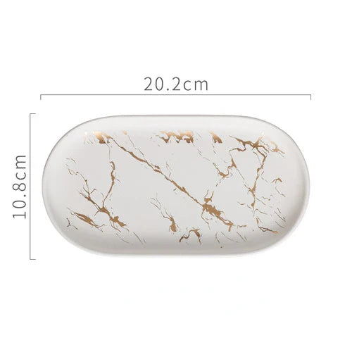 Stornfield | Nordic Marbled Ceramic Oval Tray for Jewelry, Accessory Storage, Soap Holder, Golden Wave, Bathroom Cup, Bath Decoration