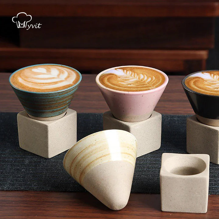 Stornfield | Japanese Coffee Cup with Saucer, 1 Piece, Retro Ceramic Tea Cup, Mug, Latte, Espresso, Pull0, Cappuccino Flower, New Ceramic Cup, 100 ml/3.5 oz