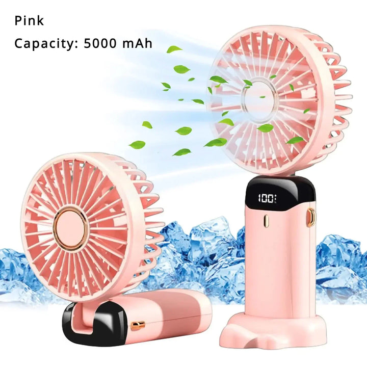 5000mAh Handheld Mini Fan – Wireless USB Rechargeable Portable Fan with Digital Display, Phone Holder, 5-Speed Foldable Neck Hanging Fan | Stornfield