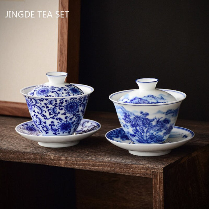 Stornfield | PorceVive Gaiwan Tasse à thé | Porcelaine artisanale avec motif paysage | Service à thé chinois avec couvercle