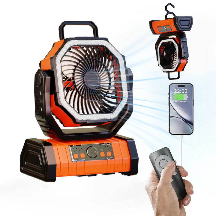 20000mAh Portable Rechargeable Fan — Battery-Operated Desk & Camping Fan with LED Light & Hook for Tent, Car, and Outdoor Trips | Stornfield