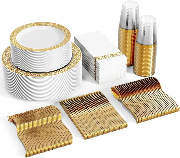 Stornfield | 350pcs Ensemble de vaisselle jetable en dentelle dorée pour 50 invités