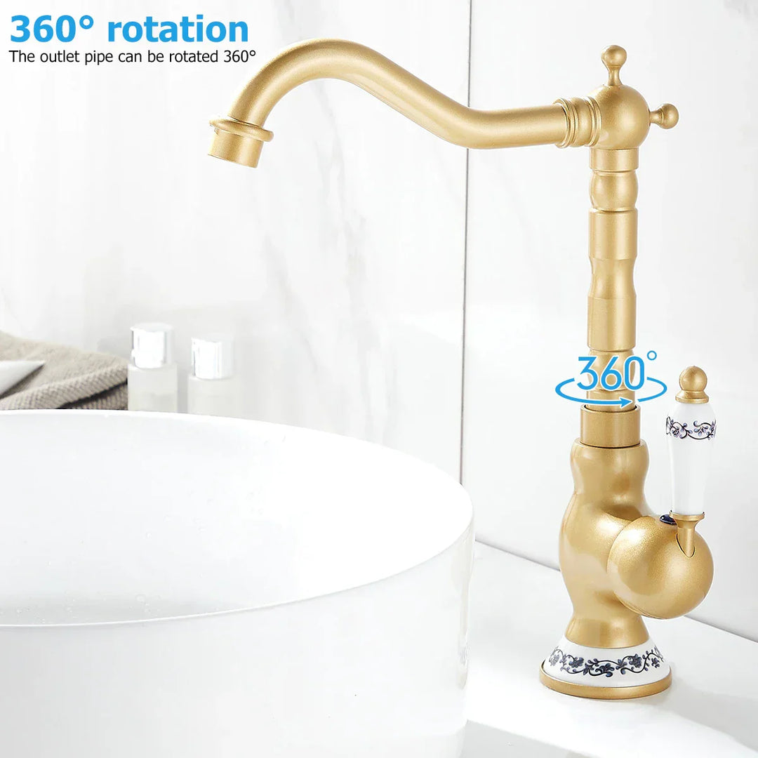 Kitchen Faucet in Antique Brass with Ceramic Handle - 360° Swivel | Stornfield Traditional Design